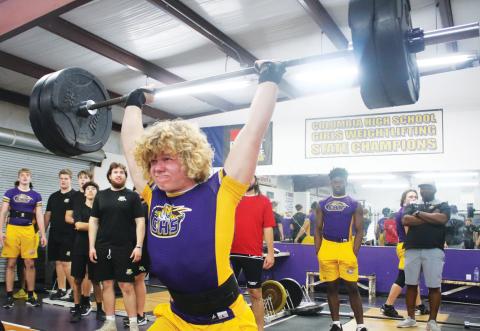 Columbia lifter Garret Shipley finishes his clean and jerk during a meet in 2024. (FILE)
