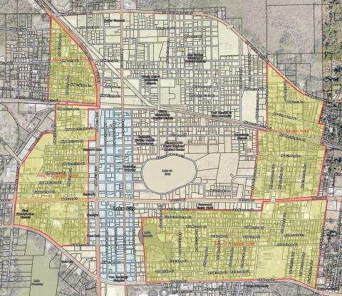 The City of Lake City is looking to expand its Community Redevelopment Agency. The current CRA district is shown in blue while the proposed new areas are in yellow. (COURTESY)