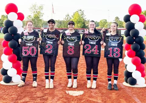 Fort White seniors Hannah LeBleu (from left), Morgan Kelly, Meloney Heagles, Kadence Compton and Carleen Torres were honored on Senior Night prior to Tuesday’s 11-0 win over Chiefland. (COURTESY)