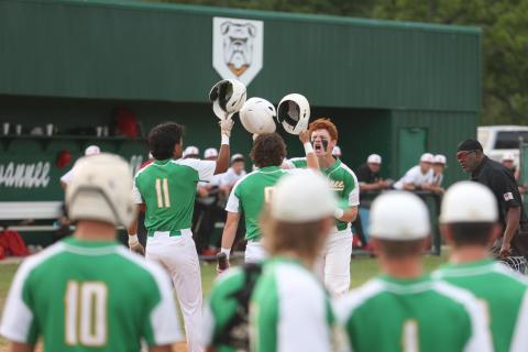 Suwannee right fielder Kyler Watson celebrates with teammates Gabe Garcia (11) and Jace Moran (9) after hitting a three-run home run against Baldwin in Game 1 of the Region 1-3A quarterfinals on Monday. (PAUL BUCHANAN/Lake City Reporter)