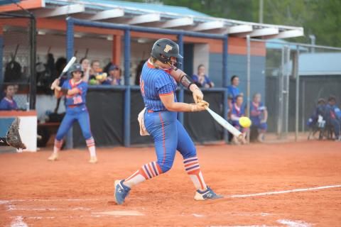 Branford's Victoria Swain makes contact with a pitch against Crystal River on March 18. (PAUL BUCHANAN/Lake City Reporter)