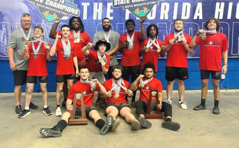 Fort White's boys weightlifting team won the Class 1A state titles in traditional and Olympic on Saturday. (COURTESY)