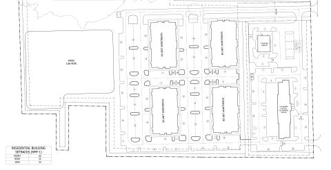 A conceptual plan for the development on 11th Street SW in Live Oak shows a hotel and gas station along the street with four apartment buildings behind it. (COURTESY)
