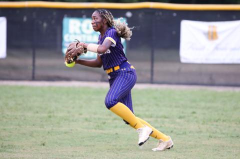 Columbia right fielder Brooklynn White turns to throw the ball back to the infield after a Baker County base hit during the District 3-4A championship on May 1. (BRENT KUYKENDALL/Lake City Reporter)