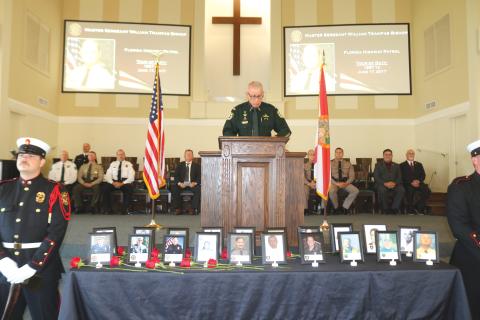 Columbia County Sheriff Wallace Kitchings gives remarks during Tuesday’s ceremony honoring local first responders at the county’s annual Public Safety Memorial. (TONY BRITT/Lake City Reporter)