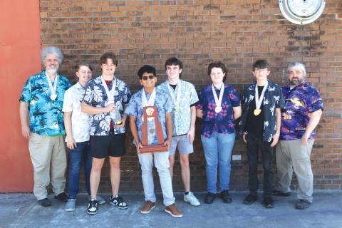 Columbia High’s academic team won its third straight state title last weekend in Orlando. Team members include Foster Durrett, Nathan Chiong, Annabelle Towne, Logan Summers, Caleb Rogers and Wyatt Mears. CHS is coached by JL Kirby and Scott Stefansen. (JAMIE WACHTER/Lake City Reporter)