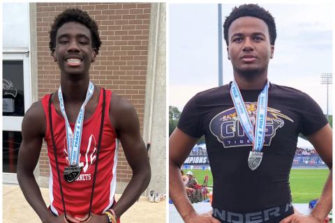 Lafayette’s Jordan Murphy (left) placed second in the triple jump in Class 1A while Columbia’s Omarion Udell (right) was runner-up in the 110m hurdles in Class 3A at the state meet Saturday. (COURTESY PHOTOS)