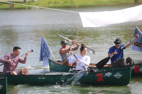 Participants take off in a race during last year’s inaugural DeSoto Derby canoe race, sponsored by the Elks Lodge #893. This year’s race has been postponed to June 14. (FILE)