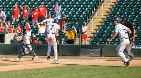 Holmes County center fielder Colby Powell (7) scores the game-winning run with two outs in the bottom of the seventh inning to defeat Lafayette 2-1 in the Class Rural state championship game on Thursday. (JACK HOWDESHELL/Lake City Reporter)