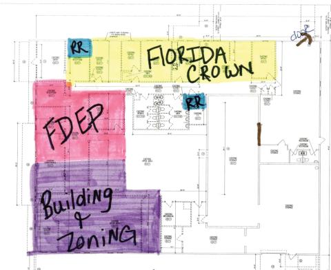 Plans for the old Lake City Reporter building show where CareerSource Florida (Florida Crown), the Florida Department of Environmental Protection, and the county’s building and zoning department would be located after renovations are completed. CareerSource and DEP hope to be in the building by Aug. 1. (COURTESY)