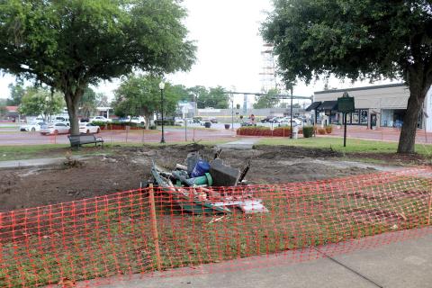 City of Lake City employees removed the fountain of Olustee Park this week. The fountain had been leaking. It may be rebuilt at a different location. (TONY BRITT/Lake City Reporter)