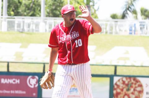 Lafayette pitcher Ethan Tuten waves goodbye to the Trenton dugout after finishing off the Hornets’ 5-1 win in the Class Rural state semifinals on Wednesday. (MORGAN MCMULLEN/Lake City Reporter)