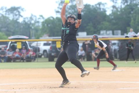 Suwannee pitcher Gracie Watley winds up for a delivery during Wednesday’s Region 1-3A quarterfinals against West Nassau. The two teams will continue play Friday after rain and lightning postponed the 0-0 tie. (MORGAN MCMULLEN/Lake City Reporter)