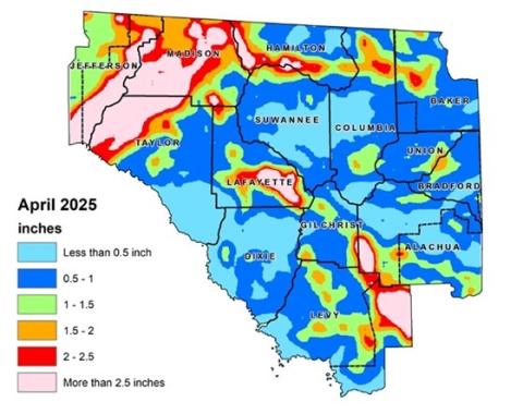 Most of the Suwannee River Water Management District received between less than 1 inch to 2 inches of rain in April. (COURTESY)