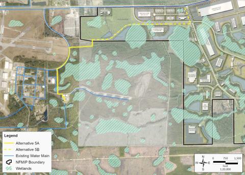 The agreement between Columbia County and the City of Lake City calls for the county funding $3.5 million toward the construction of a water line to the park, shown as the solid yellow line on a 2021 study performed by Jones Edmunds for the city. (COURTESY)