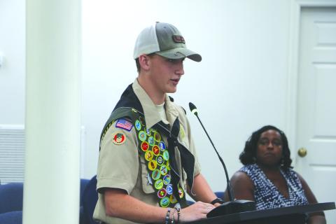 Boy Scout Troop 85’s Dakota Beichner speaks during Monday’s Lake City Council meeting. (MORGAN MCMULLEN/Lake City Reporter)