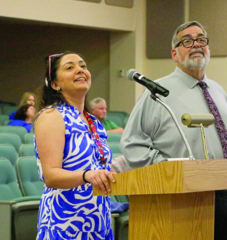 Diana Duque (left), the administrator of health for Columbia County, talks to the Columbia County Commission about proposed fee increases for services at the health department Thursday. (JAMIE WACHTER/Lake City Reporter)