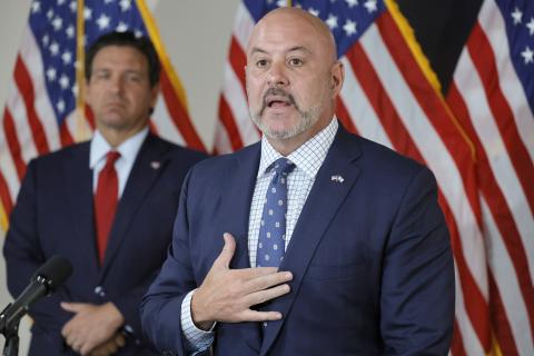 Florida Chief Financial Officer Blaise Ingoglia speaks as Governor Ron DeSantis looks on during a news conference Tuesday at the FDOT District 4 office in Fort Lauderdale announcing an audit of Broward County’s spending. (Amy Beth Bennett/South Florida Sun Sentinel/TNS)