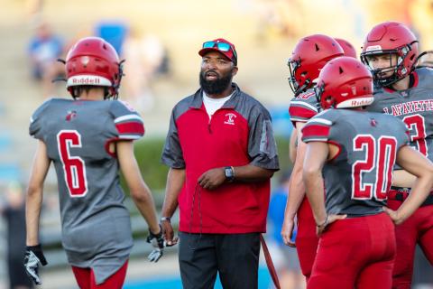 Lafayette coach Marcus Edwards speaks to his players during their spring jamboree in May. (FILE)