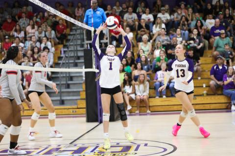 Columbia setter Brynn Lester (1) sets up a pass as Jenavieve Farer (13) looks to attack against Santa Fe on Tuesday. (BRENT KUYKENDALL/Lake City Reporter)