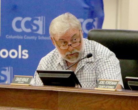 Assistant County Manager Kevin Kirby talks to the County Commission about the revised hurricane response plan Thursday. (MORGAN MCMULLEN/Lake City Reporter)