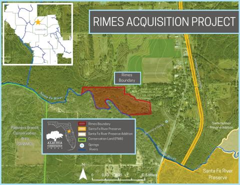 A map outlines the scope of the Rimes Acquisition Project, an effort by the Alachua Conservation Trust to buy 54 acres of land along the norther parts of the Santa Fe River in Union County. (COURTESY)