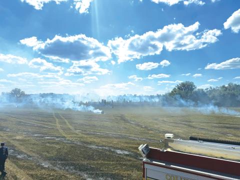 Columbia County Fire Rescue trucks battle a brush fire near NW Suwannee Valley Road and NW Cambridge Hill Way over the weekend. (COURTESY COLUMBIA COUNTY FIRE RESCUE)