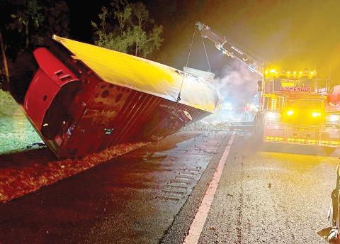 A semi’s trailer caught fire early Sunday morning on Interstate 75. Columbia County Fire Rescue crews extinguished the fire quickly while the southbond lanes were closed for 30-45 minutes. (COURTESY COLUMBIA COUNTY FIRE RESCUE)