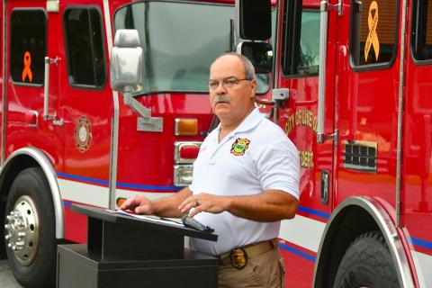 Live Oak Fire Chief Sidney Hayes speaks during last year’s Patriot Day remembrance in Live Oak. The Live Oak Fire Department will hold its annual event on Sept. 11. (FILE)