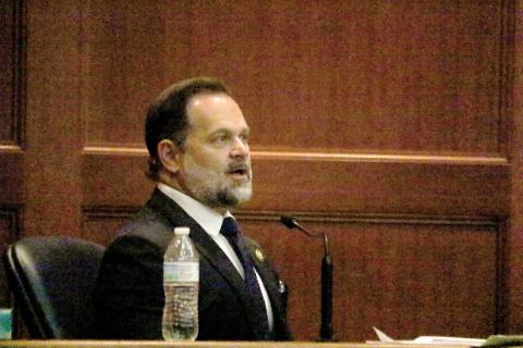 U.S. Rep. Cory Mills sits on the witness stand at the Columbia County Courthouse on Friday during a hearing over a request for an injunction of protection of dating violence from his former girlfriend, Miss United States Lindsey Langston. (TONY BRITT/Lake City Reporter)
