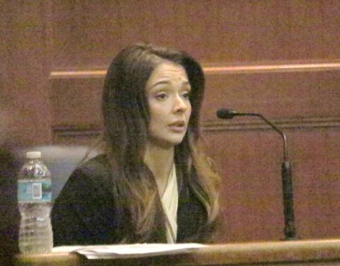 Lindsey Langston provides testimony Friday at the Columbia County Courthouse in a hearing on her request for an injunction for protection for stalking against U.S. Rep. Cory Mills, her former boyfriend. (TONY BRITT/Lake City Reporter)