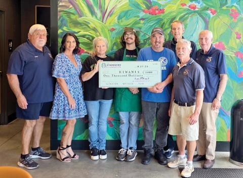 The Live Oak Kiwanis Club received a $1,000 grant from the Starbucks Foundation’s Neighborhood Grants program. Pictured are Tony Cameron (from left), Monja Slater, treasurer/past Lt. governor; Sara Sears, Starbucks manager; Tyler Neidlinger, Starbucks assistant manager; Jay Tull, Kiwanis president; Danny Hales, Joe Flanagan and Stan Storey. (COURTESY)