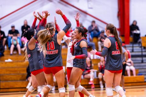 Lafayette's volleyball team celebrates after scoring a point against Columbia on Monday. (JACK HOWDESHELL/Lake City Reporter) 