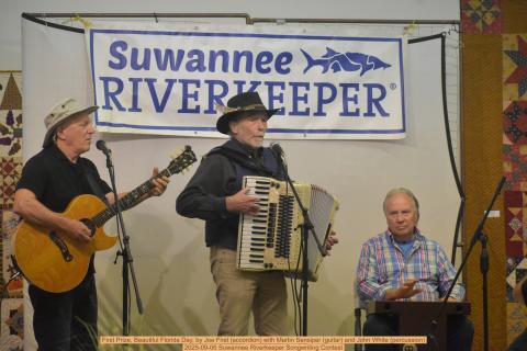 Joe First, playing the accordion, performs ‘Beautiful Florida Day’ with Martin Sensiper (guitar) and John White (percussion) in the Suwannee Riverkeeper Songwriting Contest at the WWALS River Revue on Sept. 6 at The Turner Center for the Arts. (COURTESY)