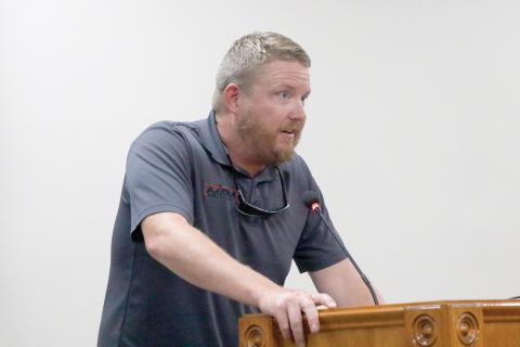 Stephen Douglas, a Suwannee Iron Works co-owner, speaks at a Suwannee County Commission meeting on Sept. 2. The company is relocating to Hamilton County and could begin operations there this week. (JAMIE WACHTER/Lake City Reporter)