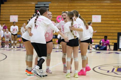 Columbia's volleyball team celebrates after a point during Tuesday's win over Lowndes. (BRENT KUYKENDALL/Lake City Reporter)