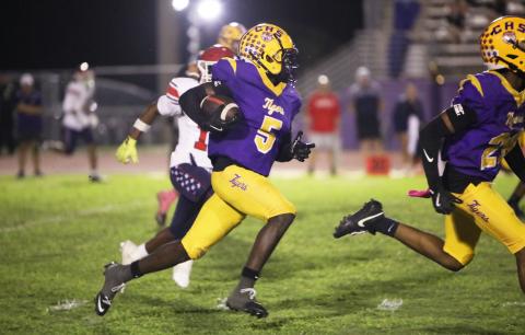 Columbia cornerback Tacori Allen picked off two Manatee passes Friday night, returning one for a touchdown at Tiger Stadium. (BRENT KUYKENDALL/Lake City Reporter)