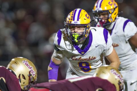 Columbia defensive end Kyten Davis lines up for a snap against St. Augustine last Friday. (GARY LLOYD MCCULLOUGH/Special to the Reporter)