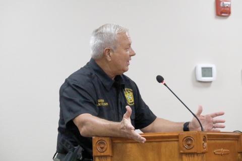Suwannee County Sheriff Sam St. John tells the County Commission about the Flock Safety cameras the SCSO is using to help solve crimes. (JAMIE WACHTER/Lake City Reporter)