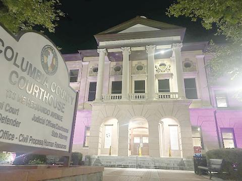 The Columbia County Courthouse is lit up in purple this month for National Domestic Violence Awareness Month in an effort to the services provided to victims of domestic violence. (COURTESY JAY SWISHER)