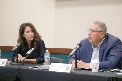 Rep. Chuck Brannan (right) speaks during Tuesday’s legislative delegation meeting at Florida Gateway College while Sen. Jennifer Bradley listens. (JAMIE WACHTER/Lake City Reporter)