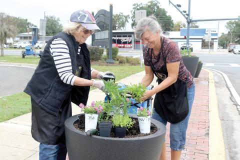 Judy MacGrath (from left) and Sonya Rossin, members of the Lake City Garden Club, take flowers out of their planters to add them to the city’s planter. (TONY BRITT/Lake City Reporter)