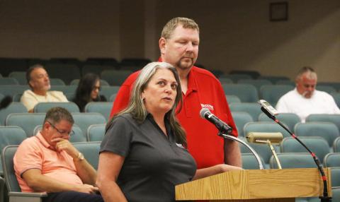WastePro Florida Government Affairs Director Dana WIlliams (left) and WastePro Lake City Manager Frank Kramer discussed WastePro’s contract proposal with the county at its Thursday meeting. (MORGAN MCMULLEN/Lake City Reporter)
