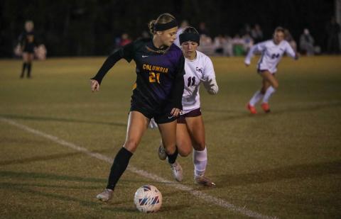 Columbia's Laelle Thompson dribbles against Chiles on Nov. 11. (BRENT KUYKENDALL/Lake City Reporter)