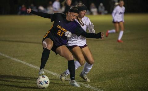 Columbia's Laelle Thompson tries to maintain possession against Chiles on Nov. 11. (BRENT KUYKENDALL/Lake City Reporter)