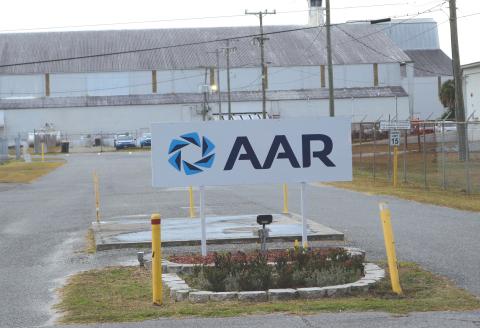 The signage outside the former HAECO Americas repair hangar at the Florida Gateway Airport was updated as of Thursday to reflect the company’s sale to AAR. (TONY BRITT/Lake City Reporter)