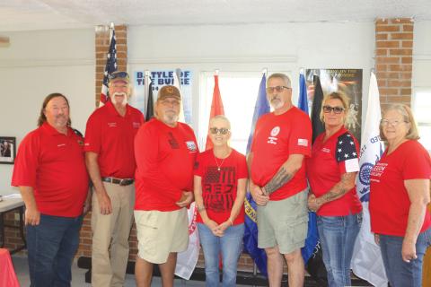 American Legion Post 423 officers Commander Mark Beebe (from left), First vice Tom Johnson, Finance officer Chuck Caldwell, Service officer Rusty Ann Brown, Sgt. at Arms Michael McKinney, Historian Seven Beebe and Auxiliary President Lisa Dye. (TONY BRITT/Lake City Reporter)