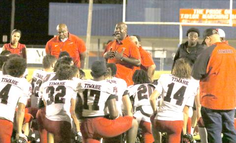 Fort White coach Demetric Jackson addresses his team following a 20-3 loss to Taylor County on Aug. 22. (MORGAN MCMULLEN/Lake City Reporter)