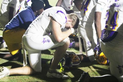 Columbia defensive end Kyten Davis pours out his emotions following the Tigers’ 27-20 loss to Choctaw in the Region 1-4A semifinals on Friday. (JORDAN KROEGER/Lake City Reporter)