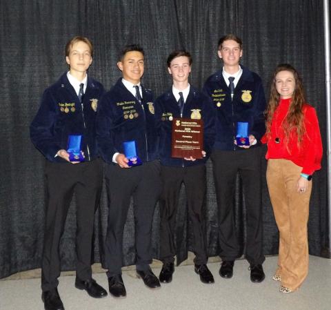 The Lafayette FFA Forestry Evaluation Team finished as national runner-up at the 98th annual National FFA Convetion & Expo in Indianapolis on Oct. 29-31. Team members were Levi Smith, Fhelix Hernandez, Caden Boatright and Boone Riley, who are pictured with Advisor Tori Lyons. (COURTESY)